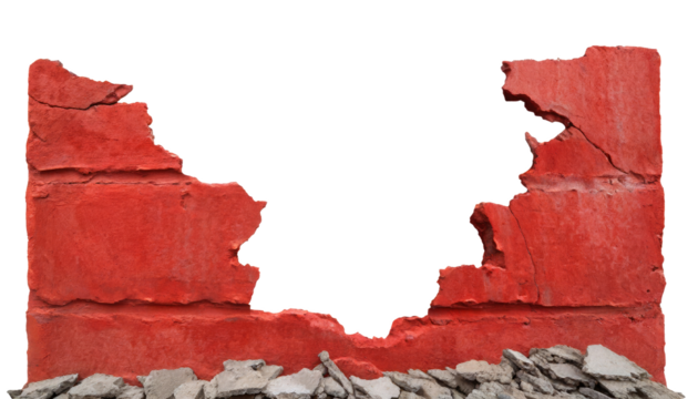 cracked red concrete brick cement wall, isolated on a transparent background. PNG, cutout, or clipping path.	
