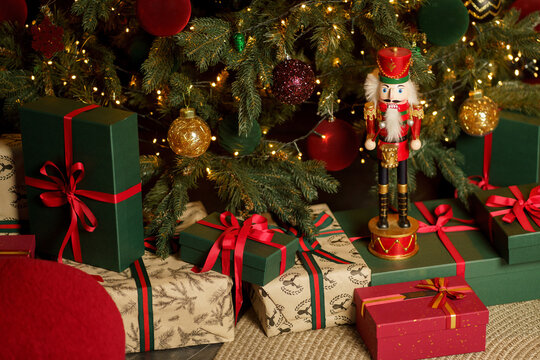 new year cozy home interior with Christmas tree and garlands 