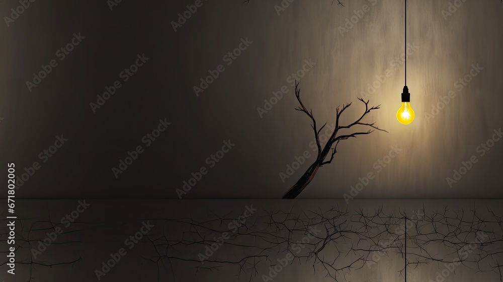 Poster a tree with no leaves in front of a wall with a lightbulb hanging from it's branches. generative ai