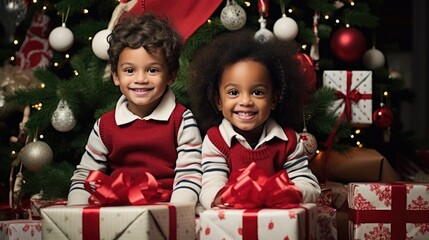 Fototapeta na wymiar Children Portrait in room with Christmas decorations. Happy smiling kids on background of the Christmas tree. Child with Xmas gift. Happy New Year, Merry X-mas, winter holidays and people concept. .