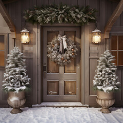 Wooden door with christmas wreath. 3d illustration.