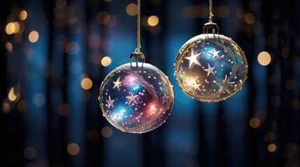 Christmas tree decorative ornaments ball Hanging Fir Branch bokeh background. Merry Xmas decoration. Happy New Year holiday object.