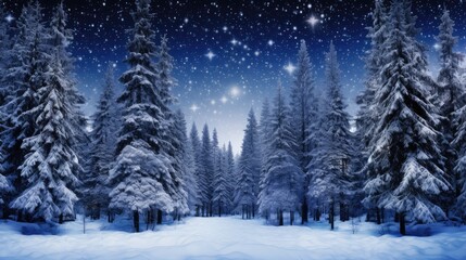Fototapeta na wymiar Night dark Forest winter landscape with fir trees on starry sky background. Moody botanical atmosphere illustration. Dreamy wallpaper for Christmas or New Year greetings.