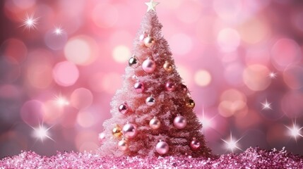 Pinkmas concept. Pink Christmas tree branches decorated with ornaments in pink color. Merry Xmas, Happy New Year 2024 in trendy colors. Vibrant colorful background for cards, invitations, greetings.