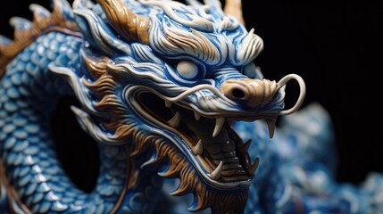 Blue wooden Chinese dragon statuette background. Navy Dragon's face of figurine. Happy Chinese new year 2024 Wallpaper concept.. - obrazy, fototapety, plakaty
