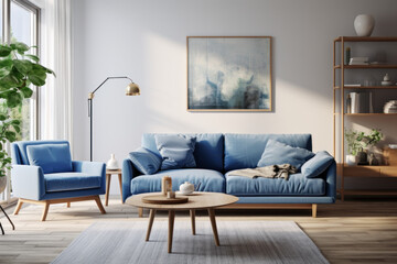 Scandinavian apartment interior with a dark blue sofa and recliner chair, showcasing modern living room design. Generative Ai.