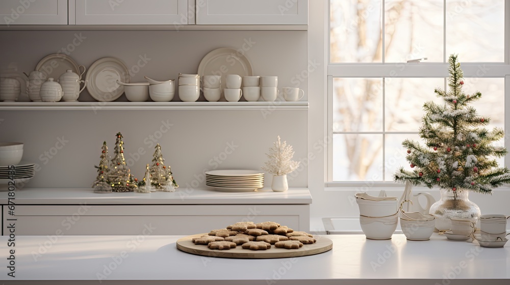 Poster a plate of cookies sitting on a kitchen counter next to a christmas tree and dishes on a shelf in fr