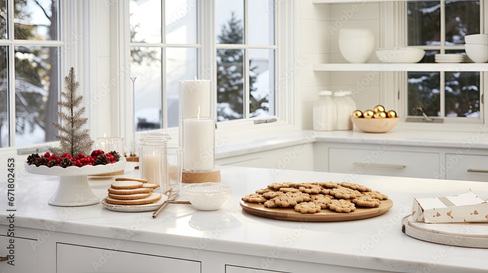 Poster a kitchen counter with cookies on it and a plate of cookies on the counter next to a plate of cookie