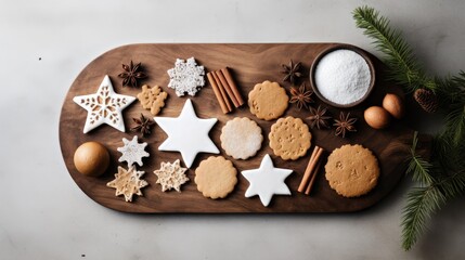  a wooden cutting board topped with different types of cookies and star shaped cookies next to a bowl of powdered sugar.  generative ai