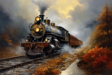 A watercolor clipart of a classic steam locomotive intended for background usage. A printable wallpaper background with an oil painting texture. - obrazy, fototapety, plakaty
