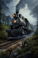 Vintage watercolor clipart featuring a classic steam locomotive train, designed for background purposes. A wallpaper background with a printable oil painting texture.