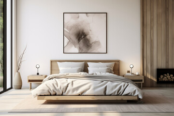 A modern bedroom design within a Scandinavian interior, accompanied by an expansive art poster frame. Generative Ai.