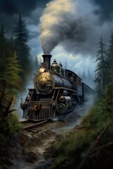 Clipart of a classic steam locomotive in watercolor for background use. Wallpaper background with a printable oil painting texture.