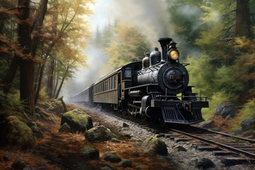 classic steam locomotive train watercolor clipart for backgrounds. A printable wallpaper background with an oil painting texture. - obrazy, fototapety, plakaty
