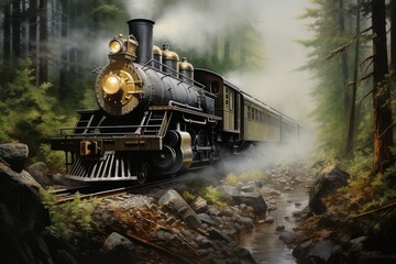 classic steam locomotive watercolor clipart for backgrounds. A printable wallpaper background with an oil painting texture. - obrazy, fototapety, plakaty