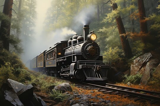 Vintage watercolor clipart featuring a classic steam locomotive, designed for background purposes. A wallpaper background with a printable oil painting texture.