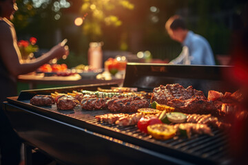 A joyful Labor Day celebration with friends grilling meat on a barbecue. Generative Ai.