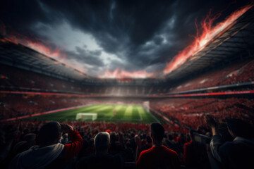 An inside view of a soccer stadium filled with enthusiastic fans and spectators celebrating....