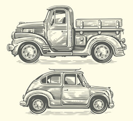 Hand drawn retro truck and car in sketch style. Vintage transport vector illustration