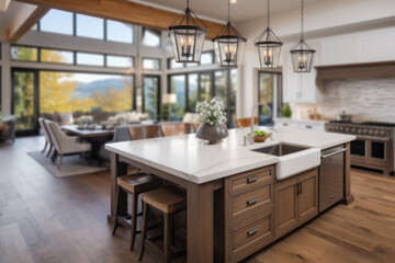 A traditional kitchen in a luxurious new home, featuring hardwood floors, wood beams, and a spacious island with quartz countertops, along with farmhouse sink. Generative Ai.