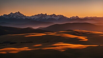 sunrise in the mountains _a beautiful landscape of sunset mountains. The image has a warm and peaceful atmosphere,  