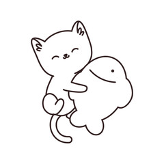 Kawaii cat with fish coloring page