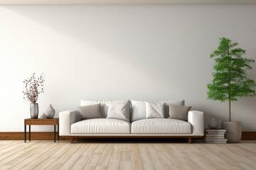 An empty living room featuring white walls and a modern interior design. Generative Ai.