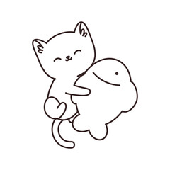 Kawaii cat with fish coloring page