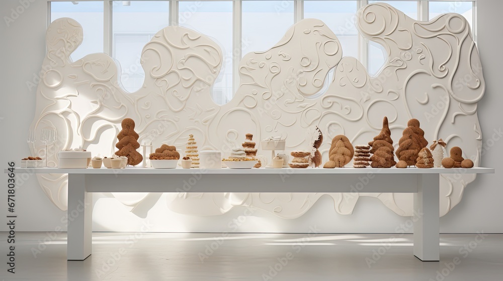 Poster a white table topped with lots of different types of cakes next to a white wall with intricate carvi