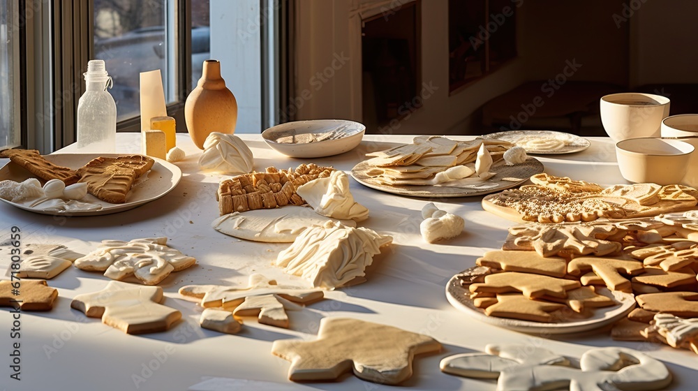 Poster a table topped with lots of different types of cut out cookies and crackers on top of a white table 