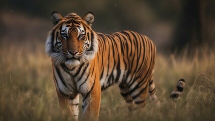 Fototapeta premium Bengal tiger walking an Indian tiger with wet fur standing in the grass after the first rain 