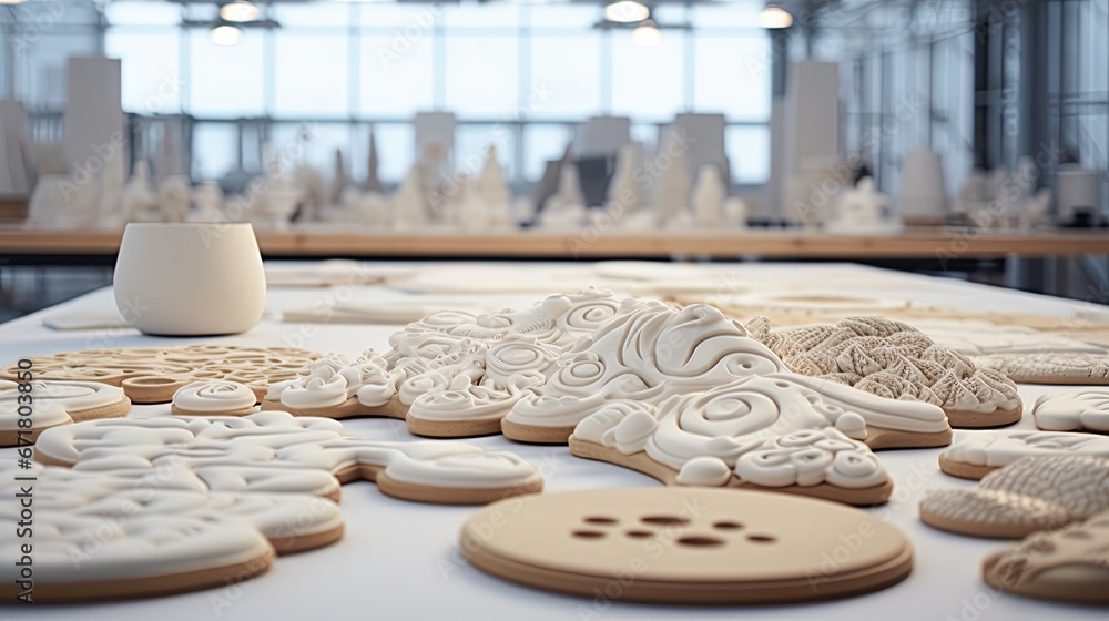 Poster a table topped with lots of cookies covered in icing next to a vase with a white vase on top of it. 