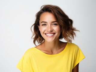 Closeup photo portrait of a young european woman smiling. Isolated on white background, look at camera.
