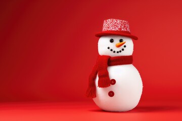 Un joyeux bonhomme de neige avec un arrière-plan de couleur rouge uni