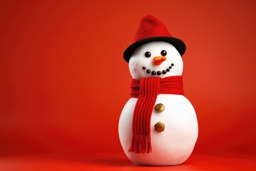 Un joyeux bonhomme de neige avec un arrière-plan de couleur rouge uni