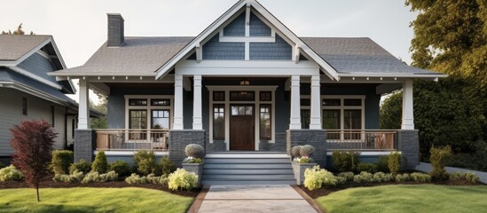 Craftsman style house with a porch in gray brick - obrazy, fototapety, plakaty