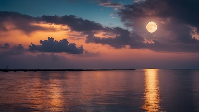 sunset over the ocean panorama view of the sea with colorful sky, clouds and bright full moon  
