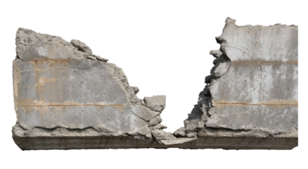 Concrete wall is broken up into the pieces, ,isolated on a transparent background. PNG, cutout, or clipping path.	
