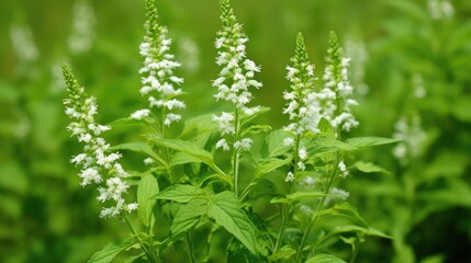 a close up of a plant with white flowers in the middle of a field with green grass in the background.  generative ai