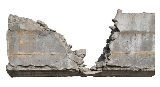 Concrete wall is broken up into the pieces, ,isolated on a transparent background. PNG, cutout, or clipping path.	
