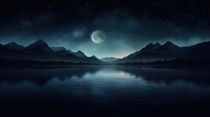  a night scene of a mountain lake with a full moon in the sky and a full moon in the sky.  generative ai - obrazy, fototapety, plakaty