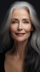 Obraz premium Elegant Mature Woman with Graceful Gray Hair and Radiant Skin Smiles in Skincare Ad, Epitomizing Ageless Beauty and Confidence.