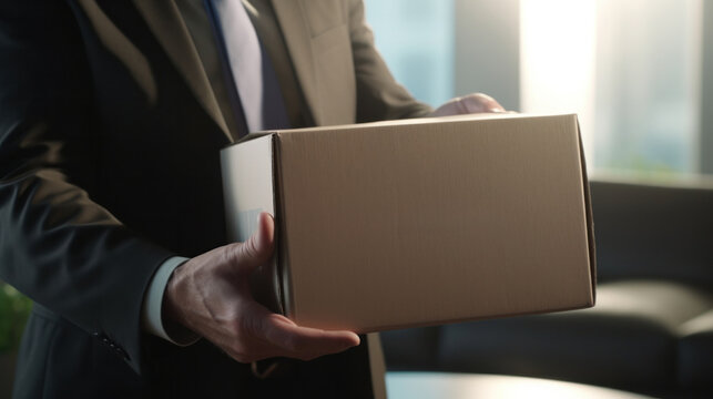 Corporate Delivery Expertise: Businessman Securely Handles Package for Efficient and Reliable Dispatch.