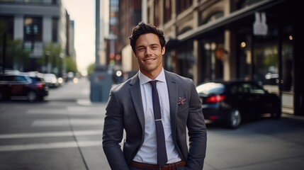 Fototapeta na wymiar Handsome young businessman is walking on the street and smiling