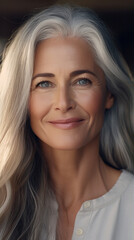 Naklejka premium Ageless Glow: Up-Close with a Radiant Mature Woman with Lustrous Gray Hair, Epitome of Skincare Elegance.