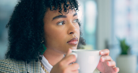 Drink, tea and black woman thinking in the office with calm coffee break and relax with peace in the morning. Work, idea and employee drinking hot chocolate, beverage or espresso latte for energy