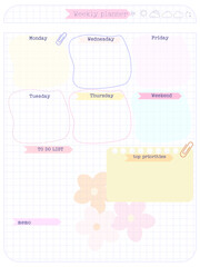 Daily reminder planner inspiration notepaper design printable . Pink, yellow, soft color kawaii pages for tags , weekly notes, diet menu breakfast lunch dinner 