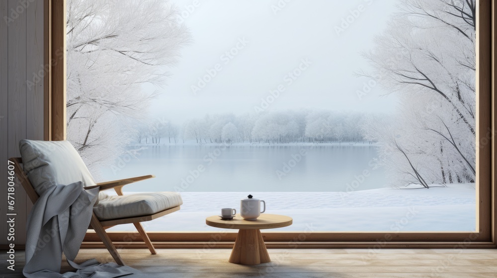 Poster a chair and a table in front of a window with a view of snow covered trees and a body of water. gene