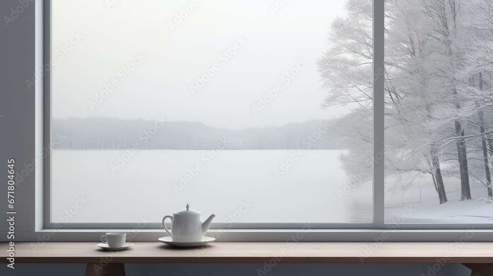 Poster a tea pot and a cup sit on a table in front of a window with a view of a snowy forest. generative ai