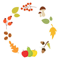 Autumn wreath, vector autumn frame with leaves, berries, mushrooms. Fall decorations for cards, gift tags, labels, stickers.